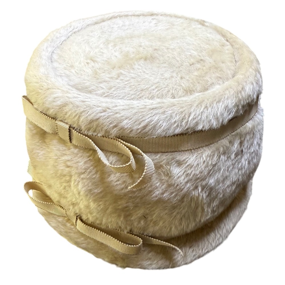 AWN‎ New York Vintage Pillbox Hat Faux Fur Ribbon Accents Union Made